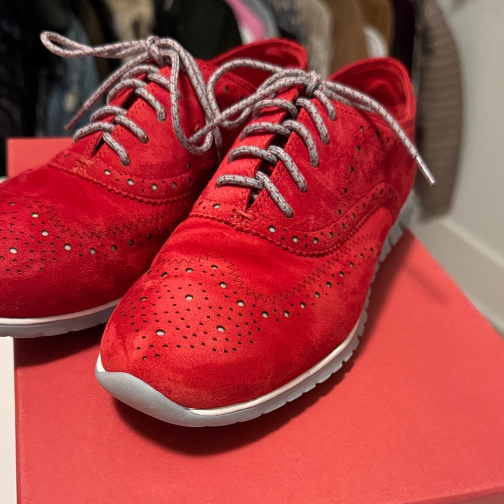 Cole Haan Red Suede Perforated Wingtip Sneakers